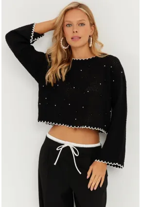 Kadın Siyah İncili Triko Bluz MİW7561