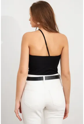 Kadın Siyah İp Askılı Çıtçıtlı Body ZH014