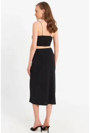 Kadın Siyah İp Askılı Crop Etek Takım MRS10004-1