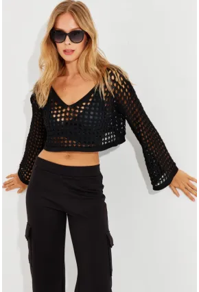 Kadın Siyah İspanyol Kol Ajurlu Triko Bluz YV203