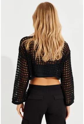 Kadın Siyah İspanyol Kol Ajurlu Triko Bluz YV203