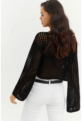Kadın Siyah İspanyol Kol Ajurlu Triko Kısa Bluz SMT181