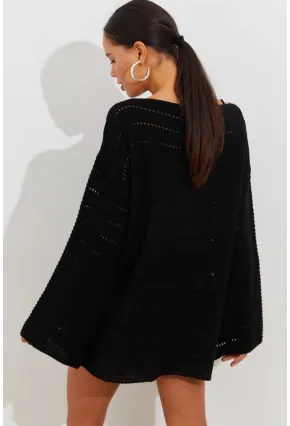 Kadın Siyah İspanyol Kol Ajurlu Triko Uzun Bluz SMT199