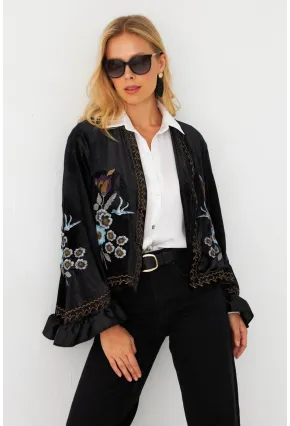 Kadın Siyah İspanyol Kol Nakışlı Kadife Simli Ceket QS5577