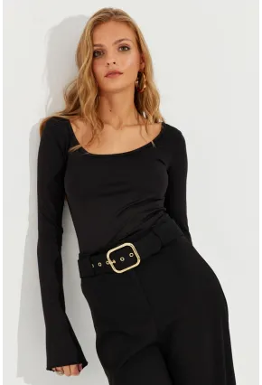 Kadın Siyah İspanyol Kol Sırt Bağlamalı Bluz EY2581