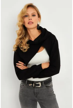 Kadın Siyah Kapüşonlu Crop Sweatshirt  TF03