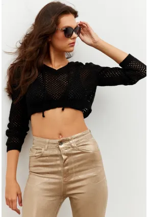 Kadın Siyah Kapüşonlu File Kısa Bluz YV153