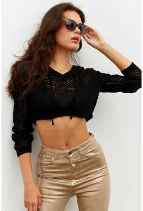 Kadın Siyah Kapüşonlu File Kısa Bluz YV153