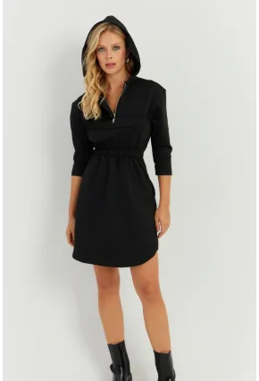 Kadın Siyah Kapüşonlu Skuba Mini  Elbise KED4104