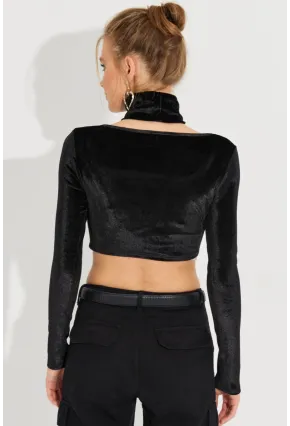 Kadın Siyah Kare Yaka Boyunluklu Kadife Crop Bluz B2867