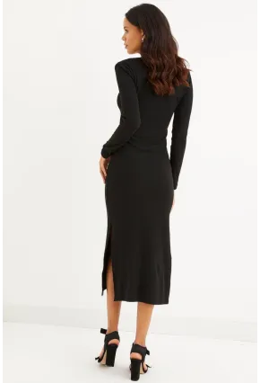 Kadın Siyah Kare Yaka Çift Yırtmaçlı Midi Elbise Yİ2360