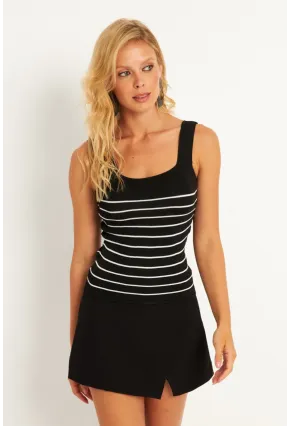 Kadın Siyah Kare Yaka Çizgili Triko Bluz KAZ15