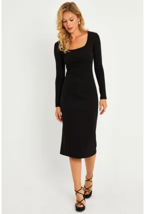 Kadın Siyah Kare Yaka Midi Elbise CG382