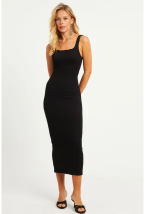 Kadın Siyah Kare Yaka Midi Elbise DMR295