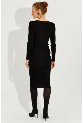 Kadın Siyah Kare Yaka Triko Midi Elbise SF2520