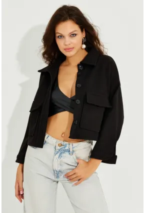 Kadın Siyah Kaşe Cepli Kısa Ceket PP2444