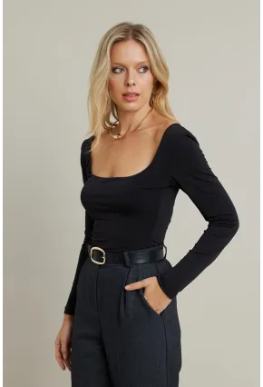 Kadın Siyah Kayık Yaka Bluz DMR387
