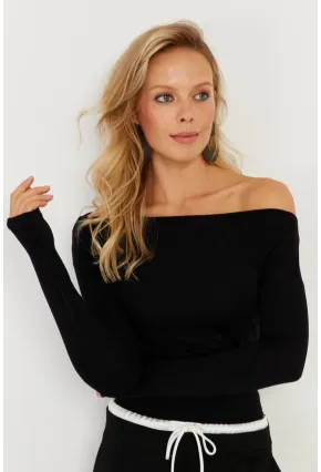 Kadın Siyah Kayık Yaka Bluz LPP1254