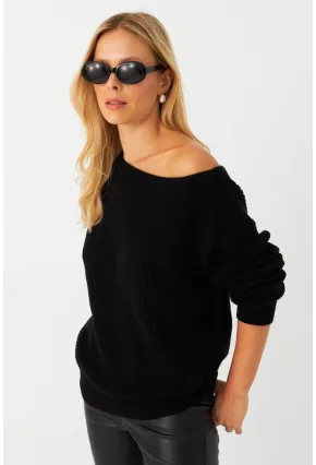 Kadın Siyah Kayık Yaka Kazak AYD392