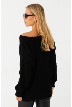 Kadın Siyah Kayık Yaka Kazak AYD392