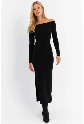 Kadın Siyah Kayık Yaka Maxi Yılbaşı Elbise HOR03