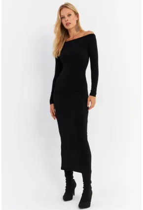 Kadın Siyah Kayık Yaka Maxi Yılbaşı Elbise HOR03