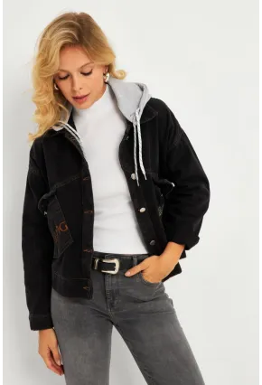 Kadın Siyah Kelebek Nakışlı Kapüşonlu Kot Ceket İS423