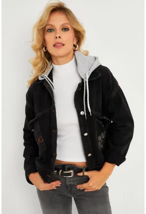 Kadın Siyah Kelebek Nakışlı Kapüşonlu Kot Ceket İS423