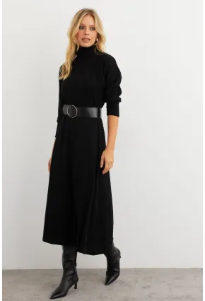 Kadın Siyah Kemerli Balıkçı Yaka Elbise MKSD992