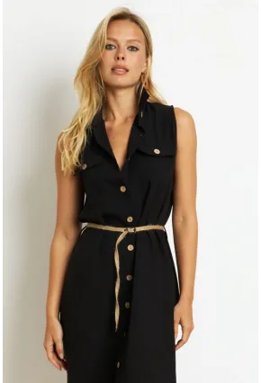 Kadın Siyah Kemerli Gömlek Midi Elbise SGT404