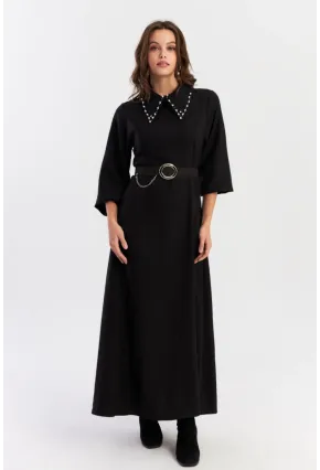 Kadın Siyah Kemerli İncili Maxi Elbise ALZ341