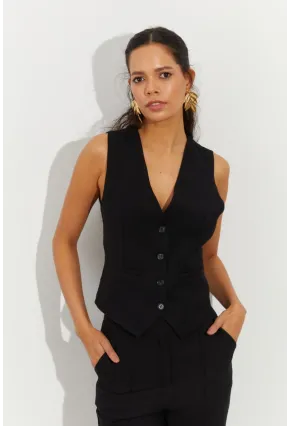 Kadın Siyah Keten Astarlı Yelek TW60046