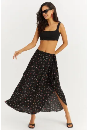 Kadın Siyah-Kırmızı Çiçekli Asimetrik Etek LV81