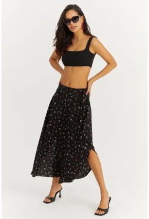 Kadın Siyah-Kırmızı Çiçekli Asimetrik Etek LV81