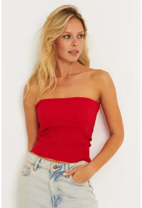Kadın Siyah-Kırmızı İkili Straplez Triko Bluz YV272
