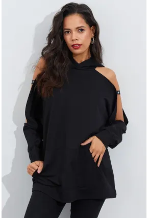 Kadın Siyah Kolları Açık Kapüşonlu Sweatshirt Yİ2356