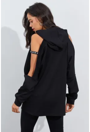 Kadın Siyah Kolları Açık Kapüşonlu Sweatshirt Yİ2356