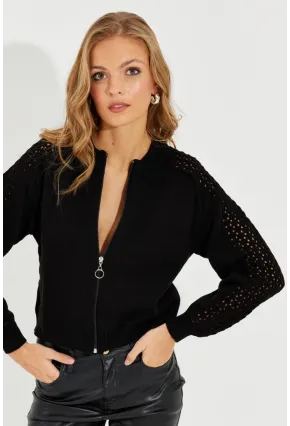Kadın Siyah Kolları Ajurlu Fermuarlı Triko Ceket KZ2491