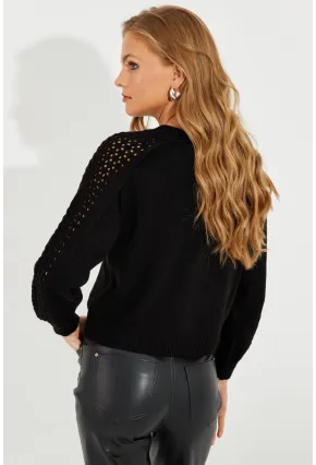 Kadın Siyah Kolları Ajurlu Fermuarlı Triko Ceket KZ2491