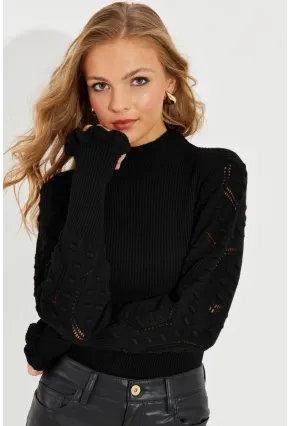Kadın Siyah Kolları Ajurlu Triko Bluz SMT218