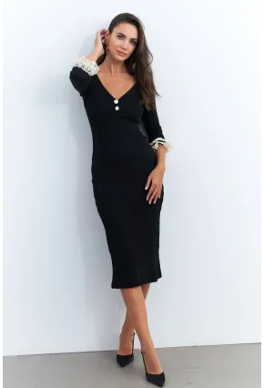 Kadın Siyah Kolları Dantel Detaylı Kaşkorse Midi Elbise EY2955