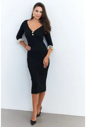 Kadın Siyah Kolları Dantel Detaylı Kaşkorse Midi Elbise EY2955