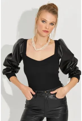 Kadın Siyah Kolları Deri Kaşkorse Bluz Yİ2494