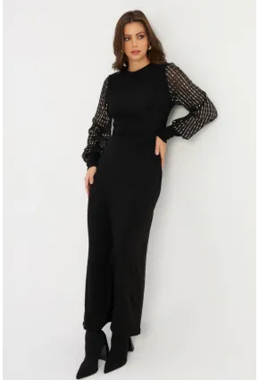 Kadın Siyah Kolları Parlak Tül Detaylı Maxi Elbise MBK56