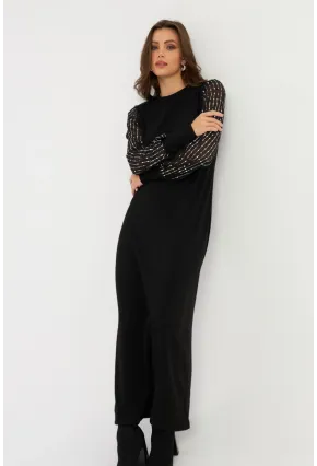 Kadın Siyah Kolları Parlak Tül Detaylı Maxi Elbise MBK56