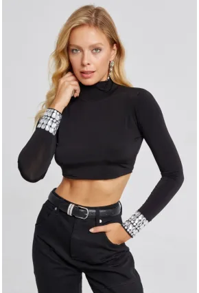 Kadın Siyah Kolları Taşlı Crop Bluz MEN2023