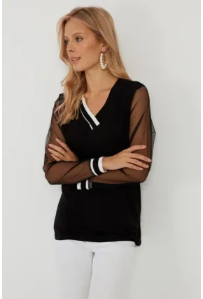 Kadın Siyah Kolları Tül Bluz ST832