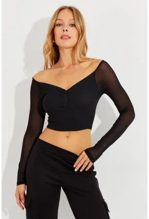 Kadın Siyah Kolları Tül Crop Bluz CG315