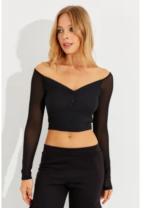Kadın Siyah Kolları Tül Crop Bluz CG315