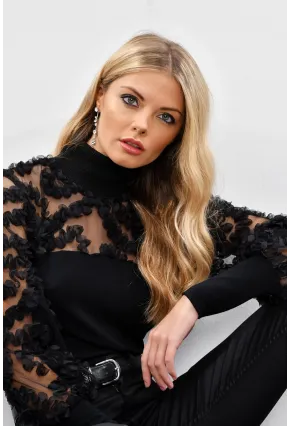 Kadın Siyah Kolları Tül Fırfır Aksesuarlı Bluz BK894